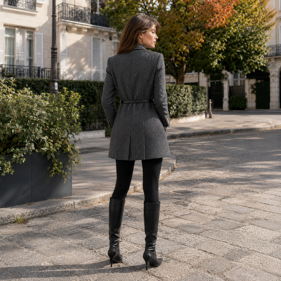 Dos du blazer femme gris à motif chevrons avec ceinture noire à la taille