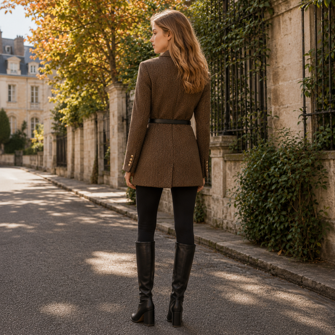Dos du blazer femme marron à chevrons, ceinture noire et fente centrale