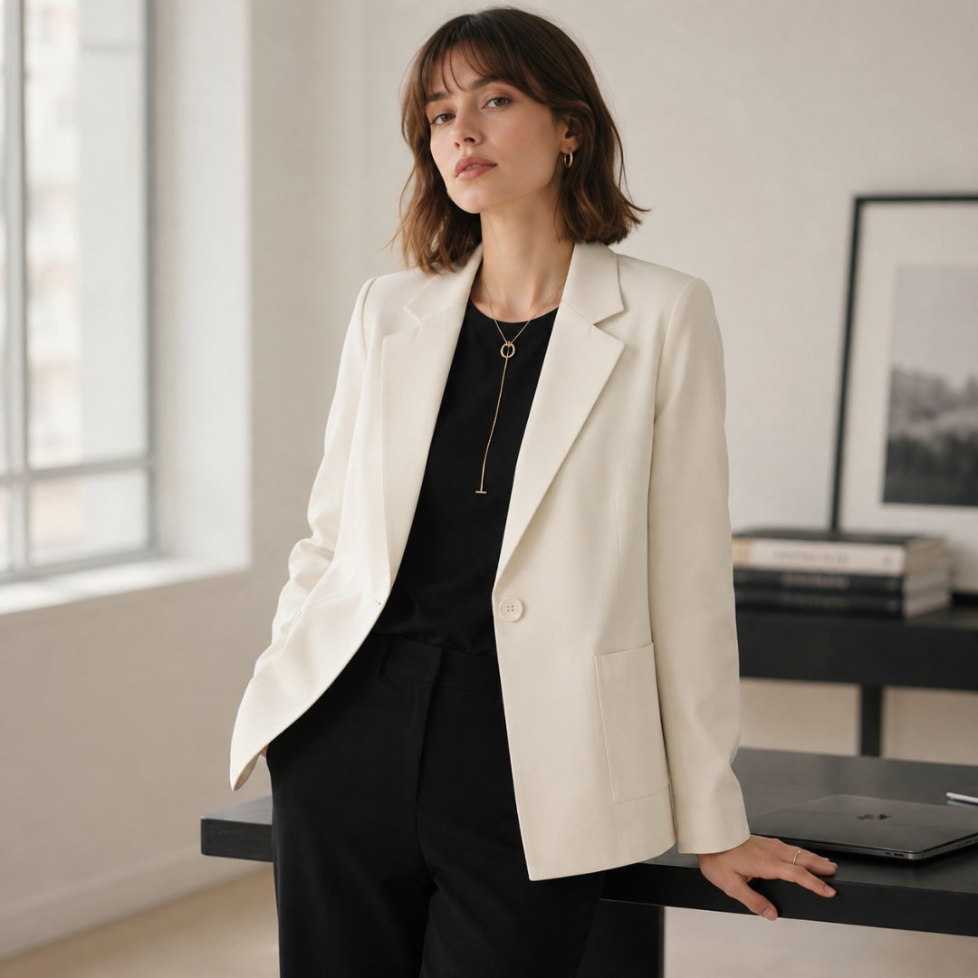 Blazer beige clair porté avec un haut noir, col cranté et poche plaquée