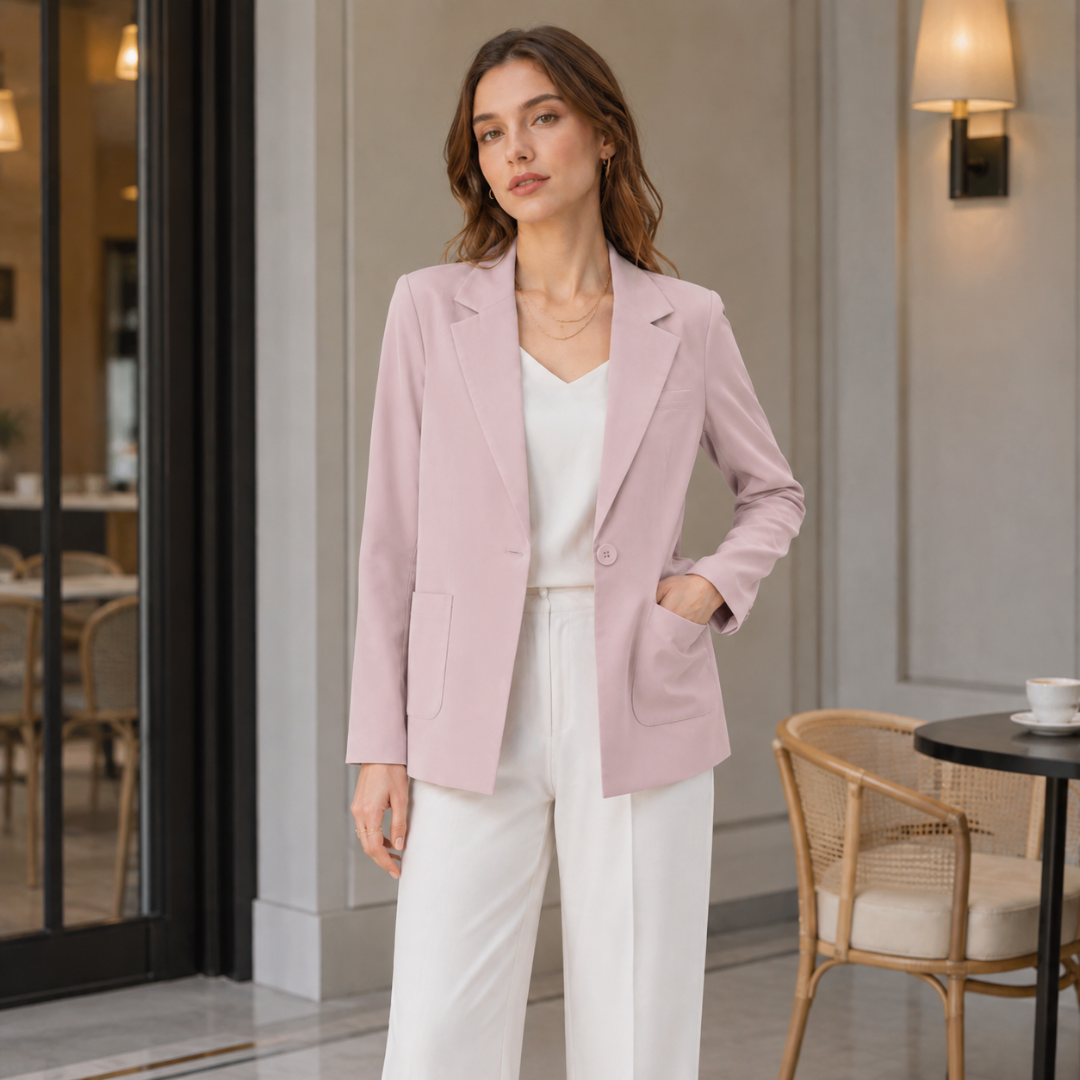 Blazer femme rose à col cranté, porté ouvert avec un pantalon blanc large