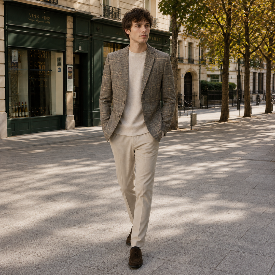 Blazer homme à carreaux beige en marche, poches plaquées et manches longues