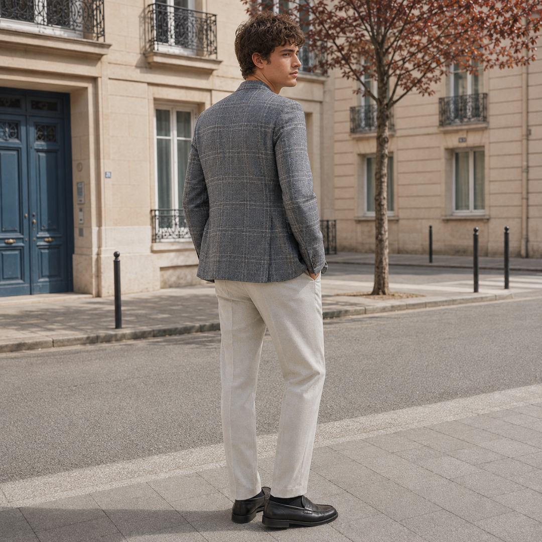 Dos du blazer homme à carreaux gris montrant la fente centrale et les épaules