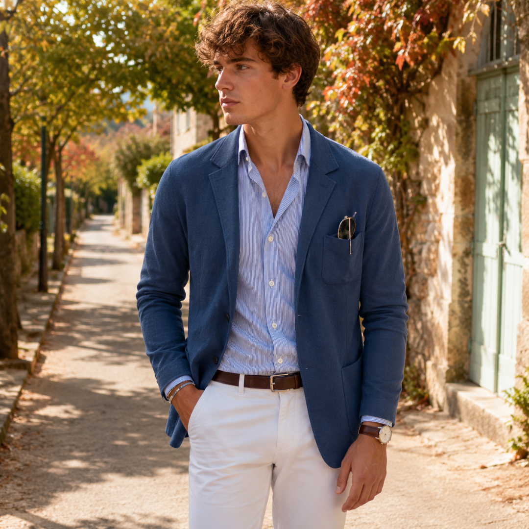 Blazer homme bleu à col cranté et poche poitrine plaquée, pantalon blanc