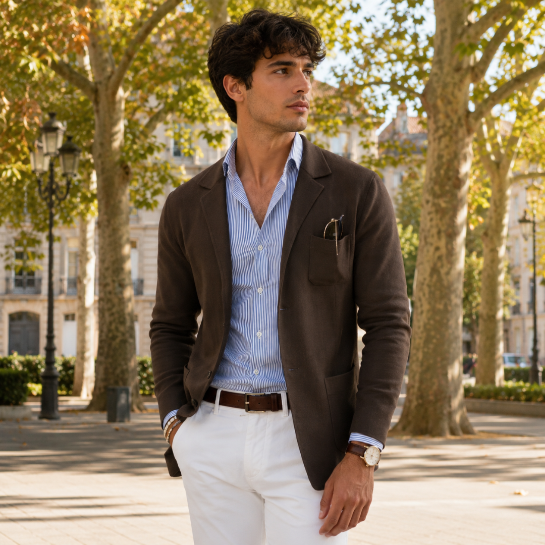 Blazer homme marron à col cranté et poches plaquées, porté ouvert en ville
