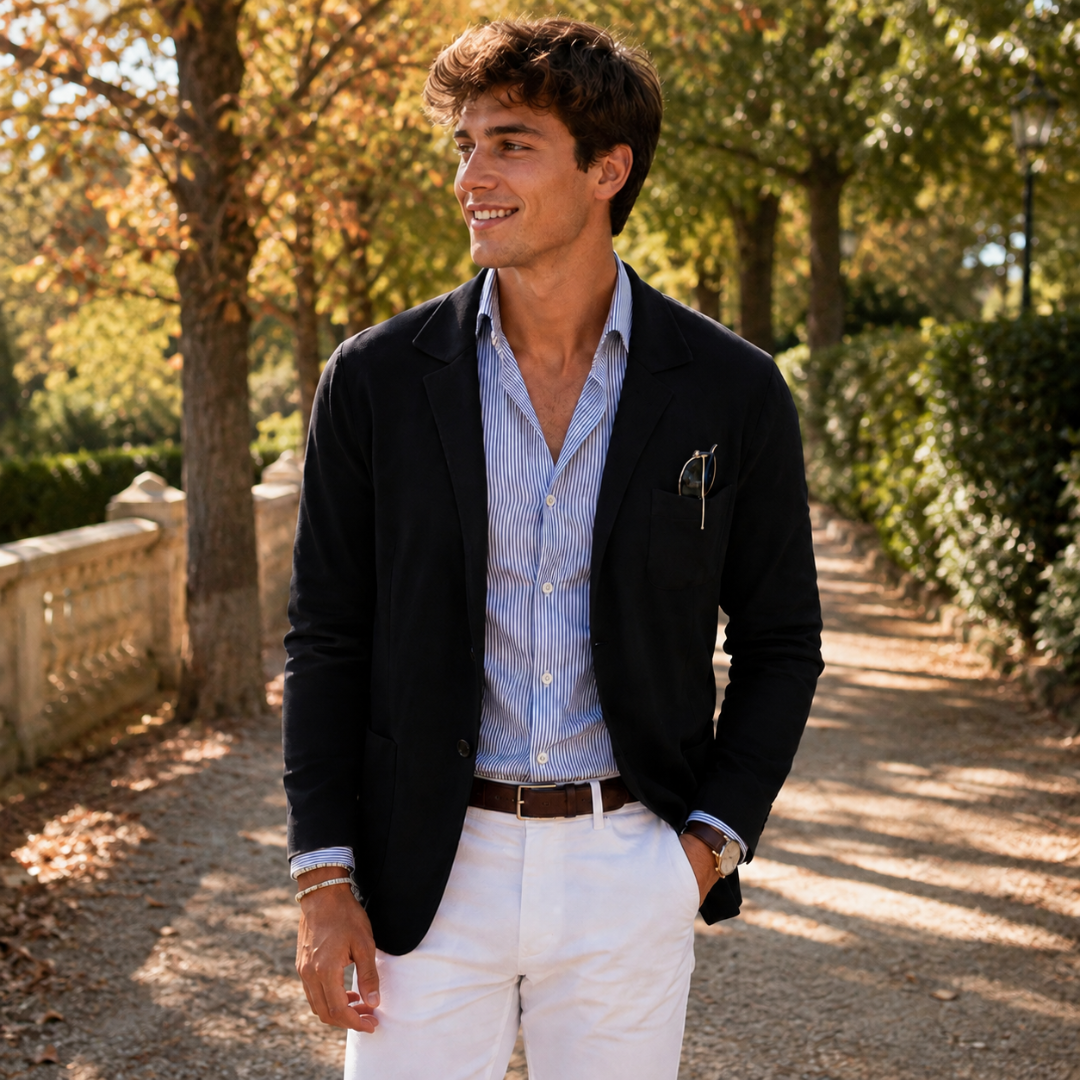 Blazer homme noir à col cranté et poches plaquées sur chemise rayée bleue