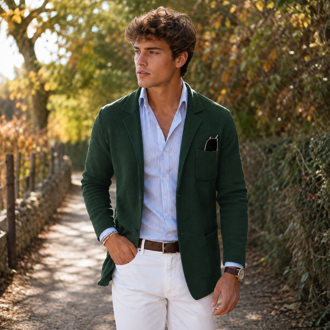 Blazer homme vert à col cranté porté ouvert sur une chemise rayée bleue