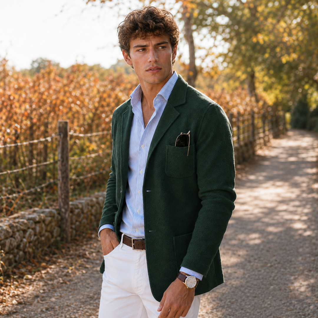 Blazer vert homme avec poche poitrine plaquée et lunettes glissées à l'intérieur