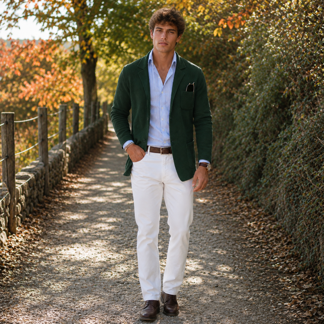 Blazer homme vert vu en pied avec pantalon blanc et ceinture marron