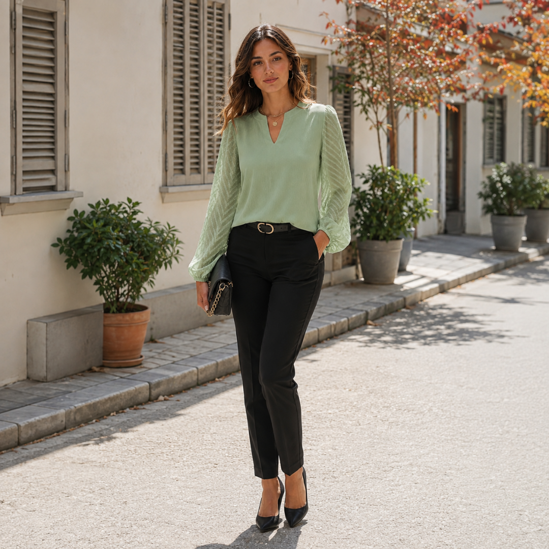 Silhouette entière : blouse verte, pantalon noir, escarpins et pochette à chaîne