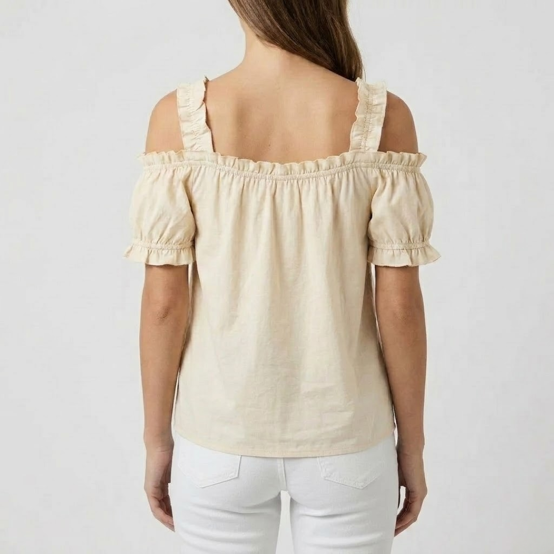 Blouse femme beige col V volant vue trois quarts