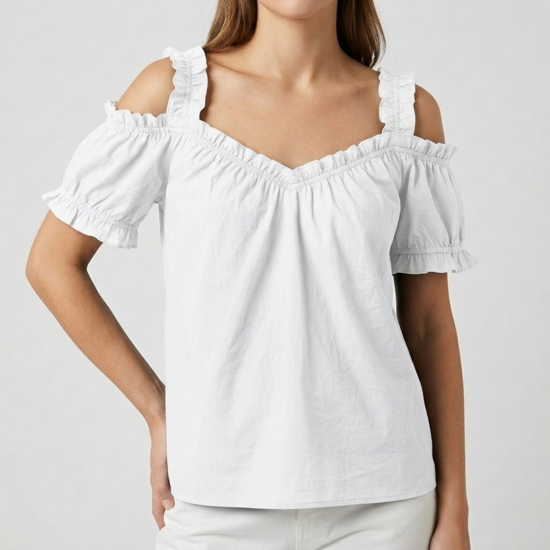 Blouse Nella blanche col V froncé épaules nues