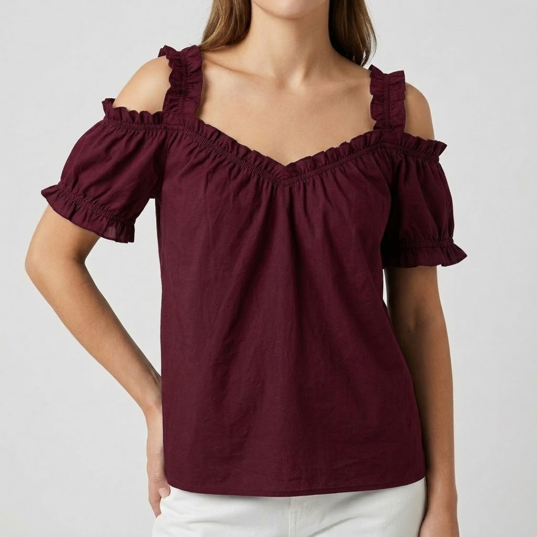 Blouse Nella bordeaux col V froncé épaules dénudées