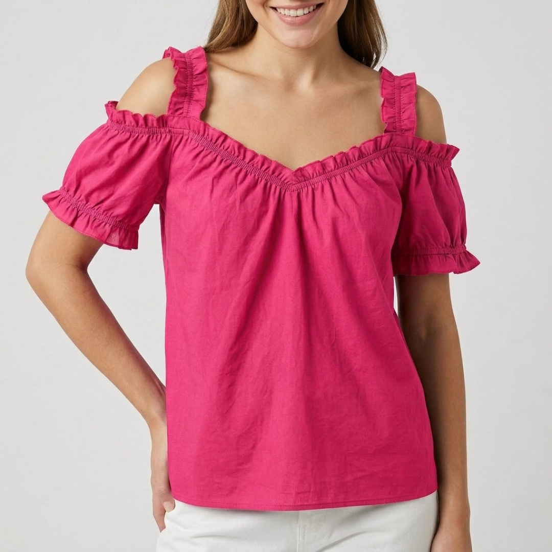 Blouse Nella rose rouge épaules dénudées encolure en V