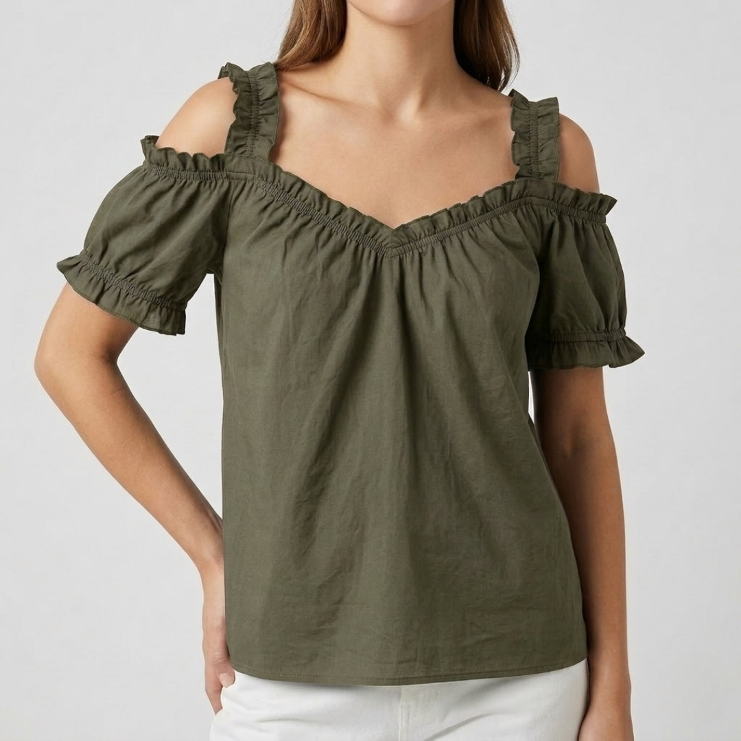 Blouse Nella verte col V manches courtes volants