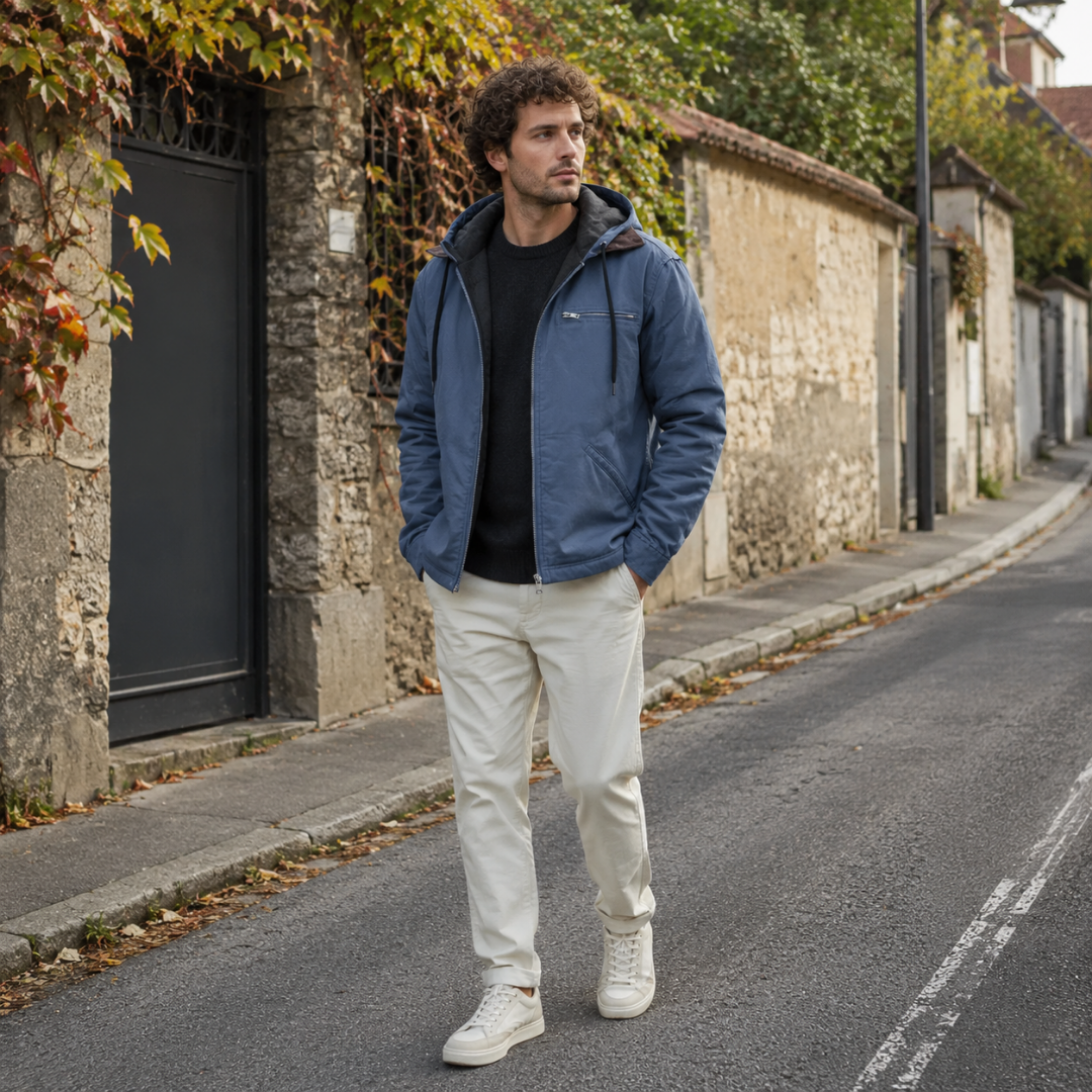 Blouson homme bleu à capuche et zip complet, vue de face en marche