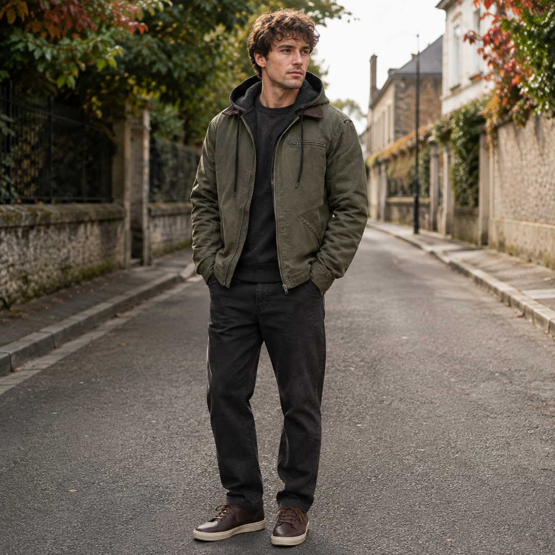 Blouson homme vert armée à capuche, empiècement marron au col et zip