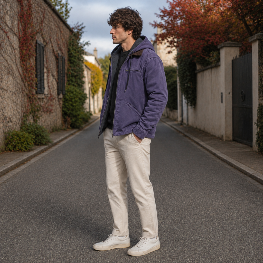 Blouson homme violet à capuche porté ouvert avec pantalon clair, vue de profil