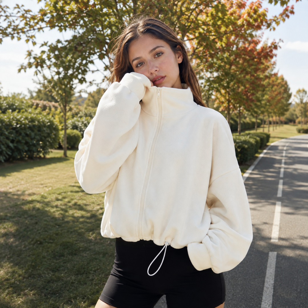 Blouson court beige à col montant zippé et cordon à nouer au bas