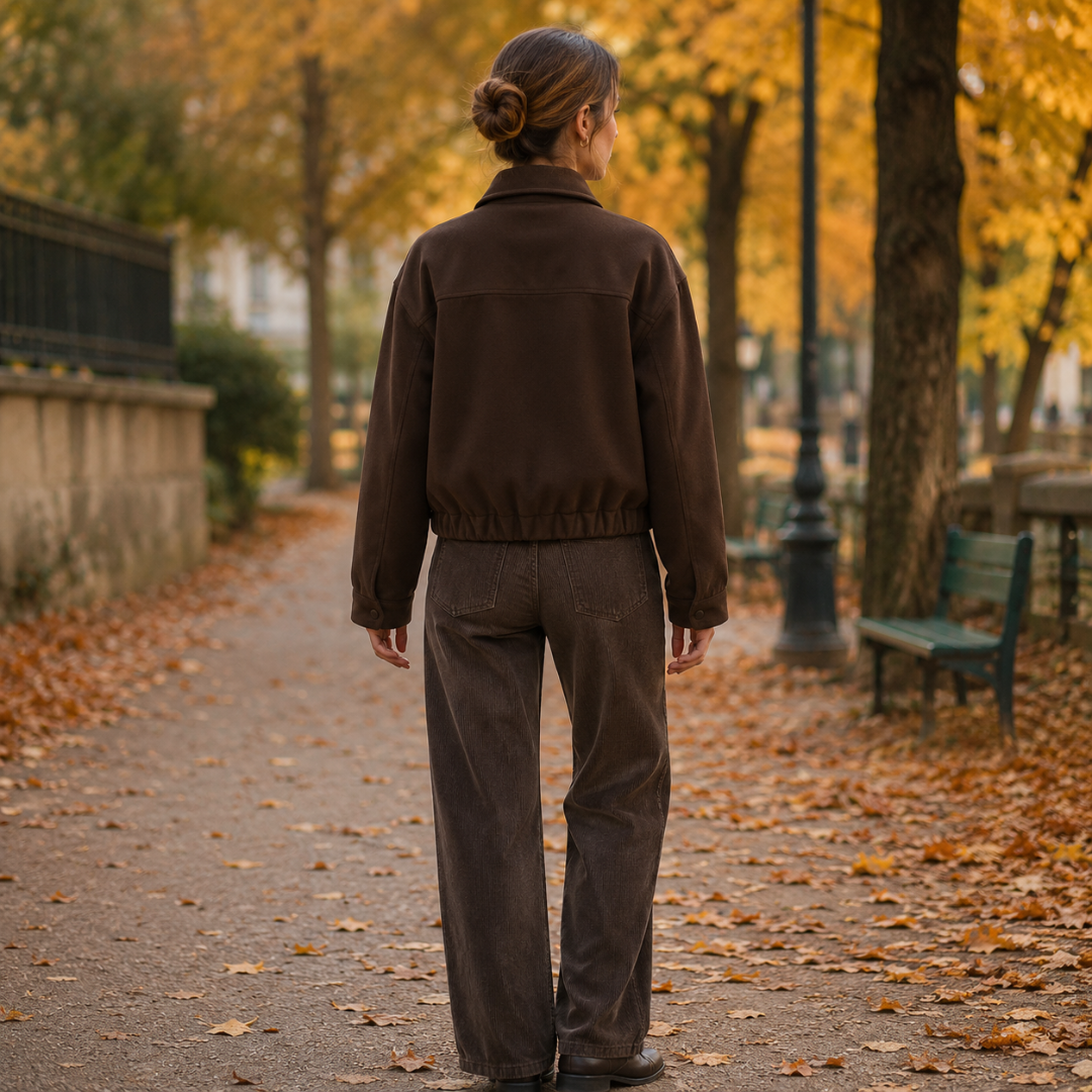 Dos du blouson marron, poignets boutonnés et base élastiquée dans une allée d'automne