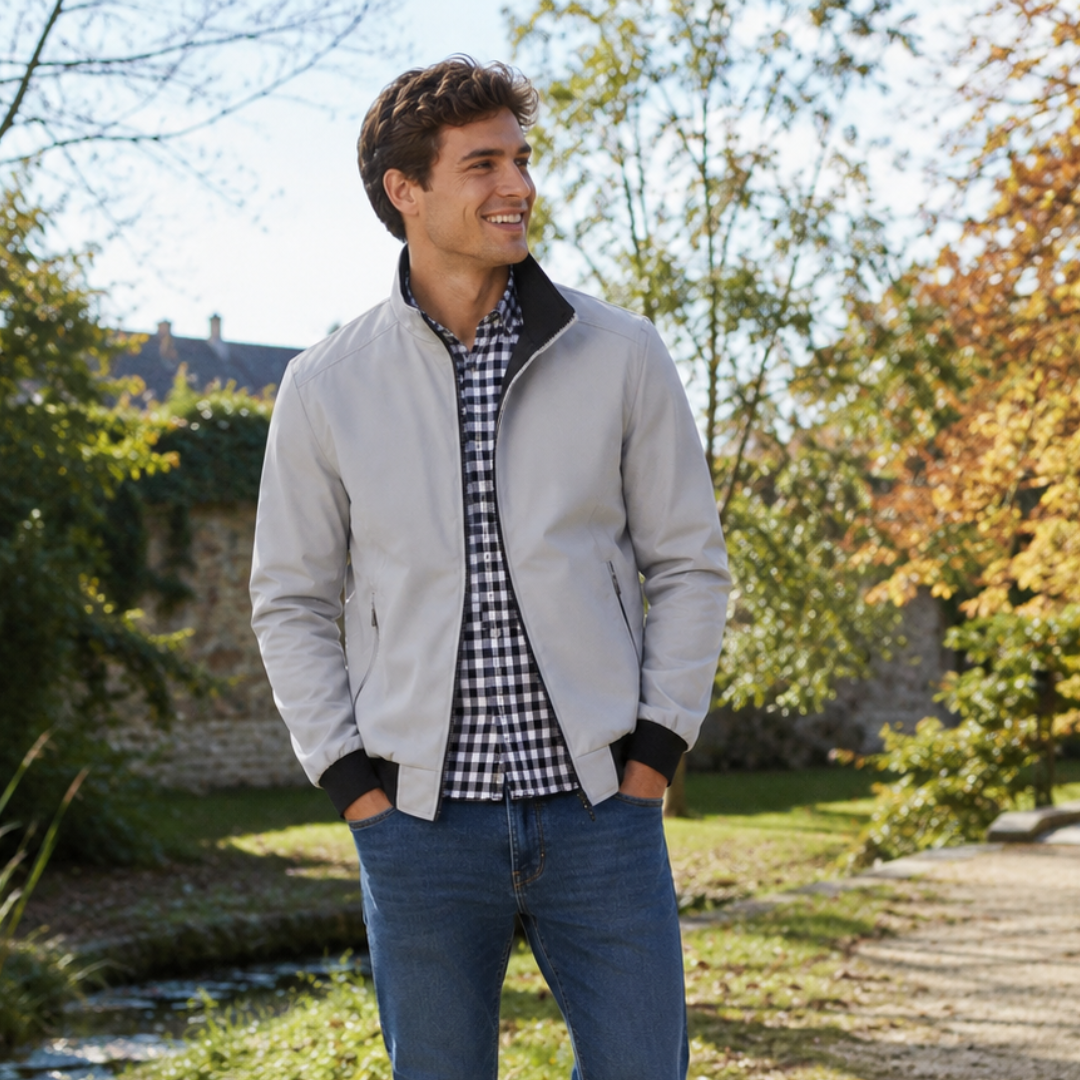 Blouson homme gris clair avec intérieur à carreaux Vichy et bords côtes noirs