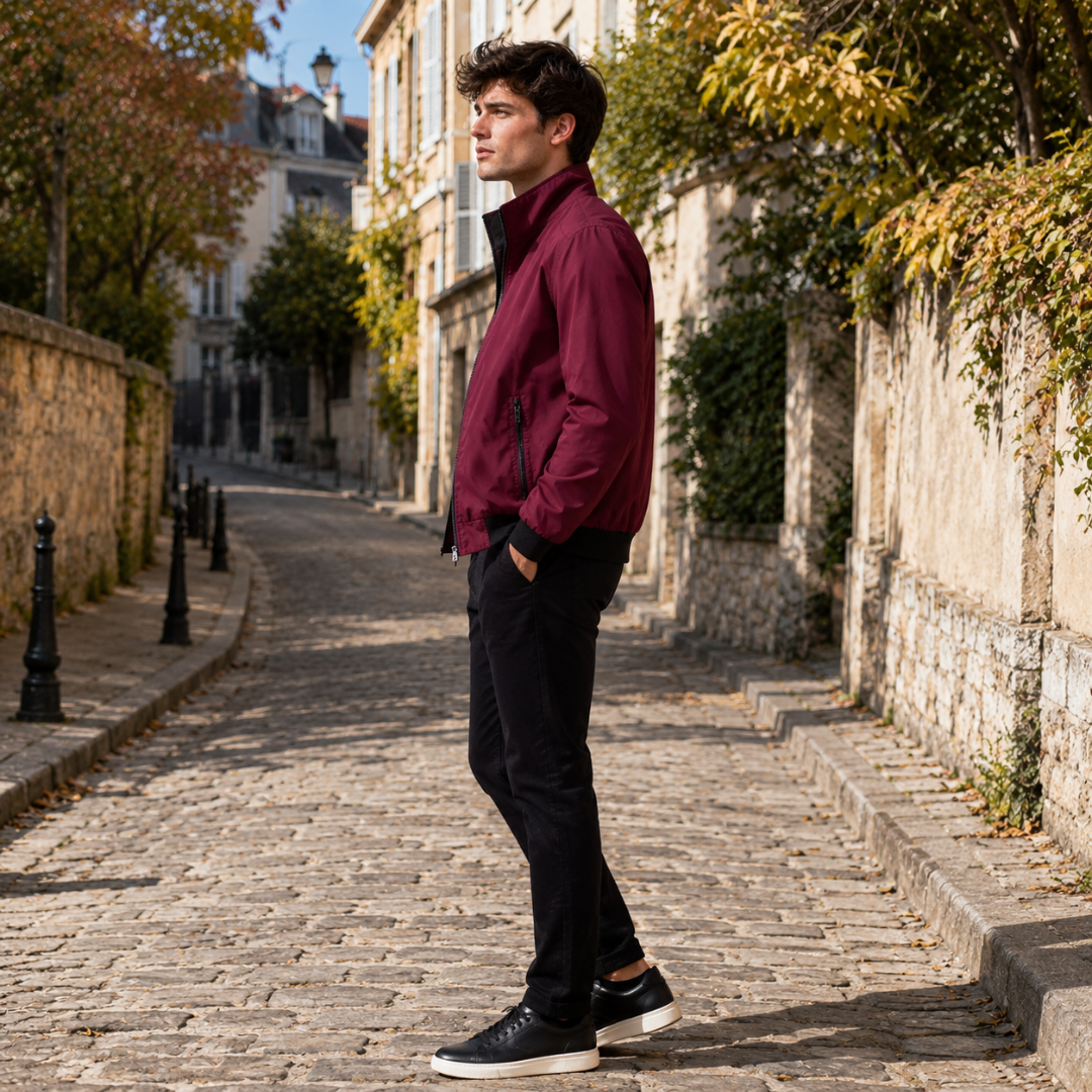 Blouson homme rouge de profil, bords côtes à la taille et poche zippée