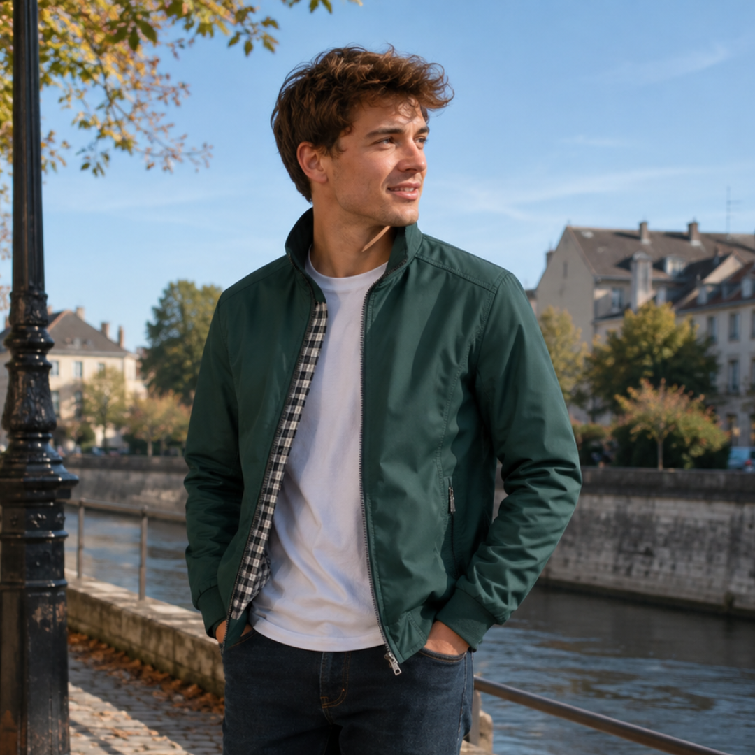 Blouson homme vert forêt ouvert, intérieur à carreaux Vichy noir et blanc