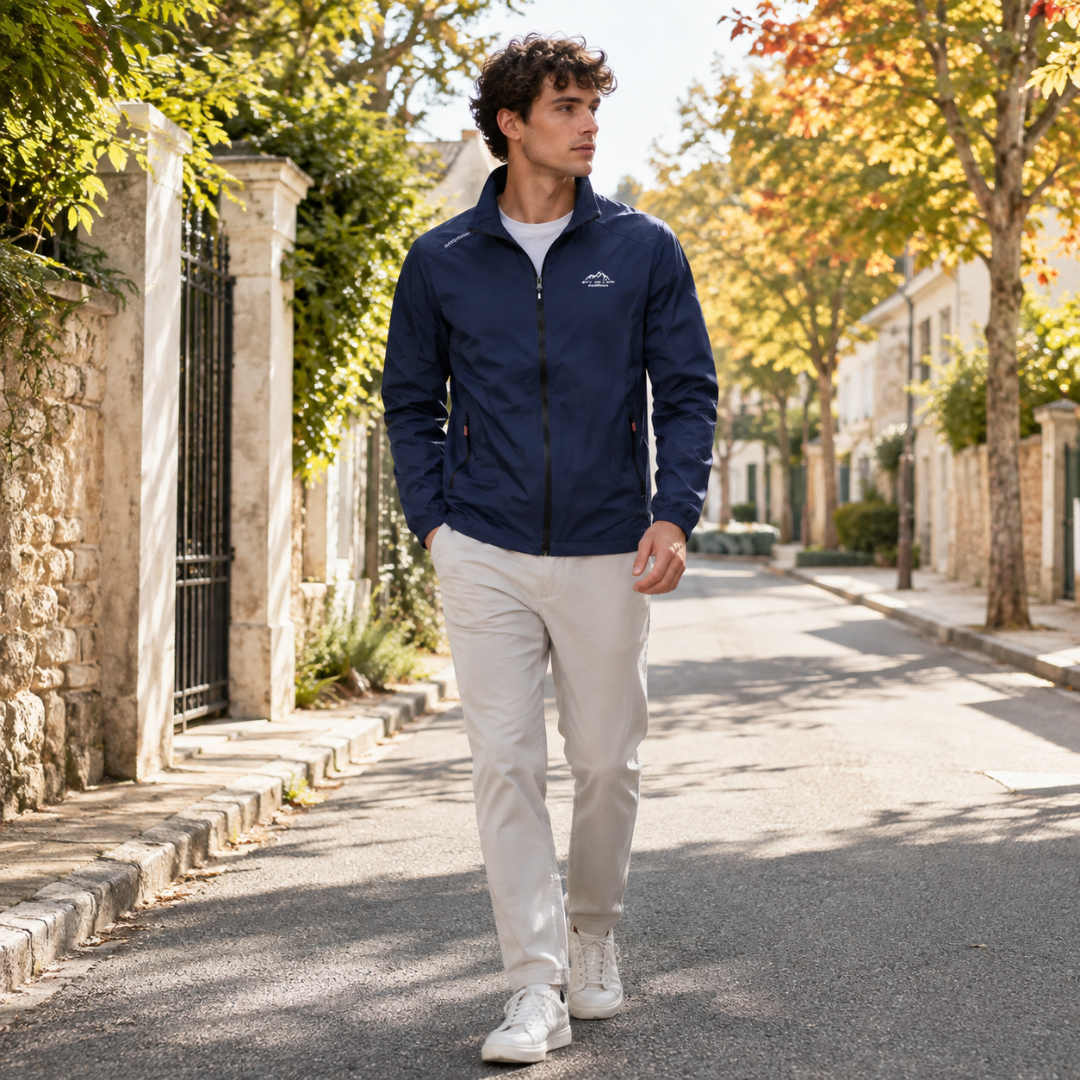 Blouson homme foncé à col montant et zip intégral, associé à un pantalon clair