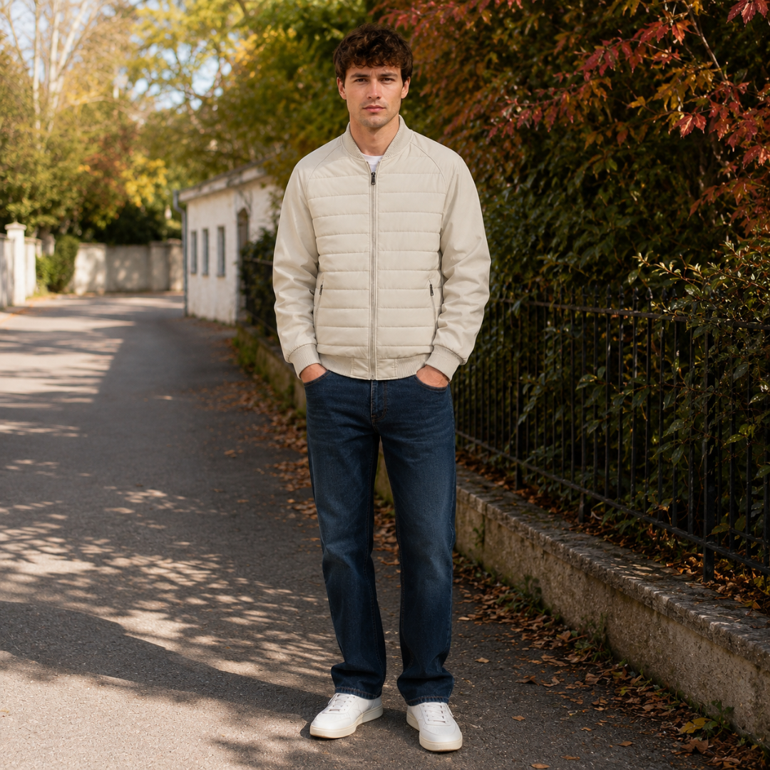 Blouson homme blanc matelassé fermé, porté avec un pantalon bleu et des baskets blanches