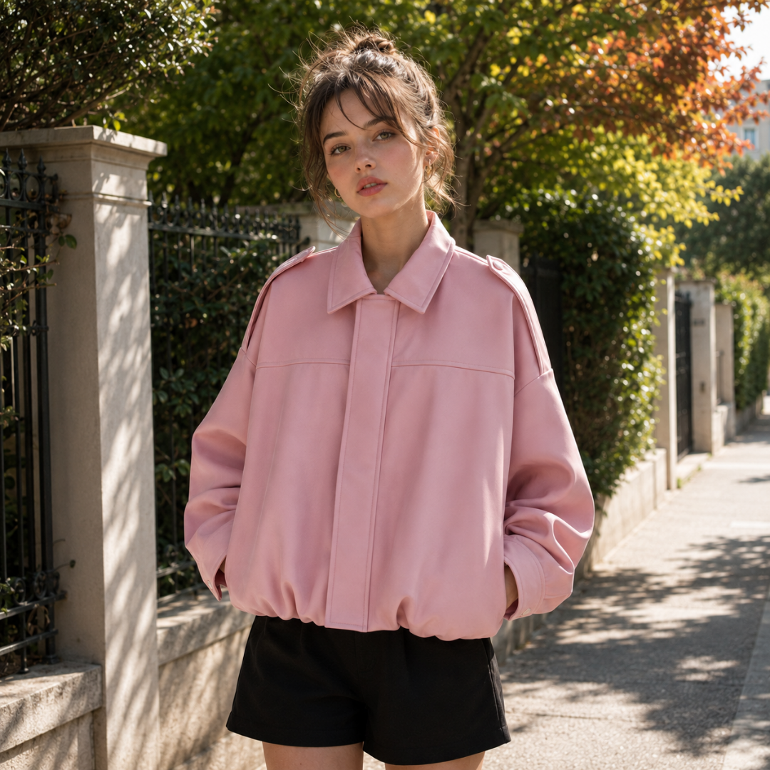 Bomber femme rose à pattes d'épaule boutonnées et manches longues amples