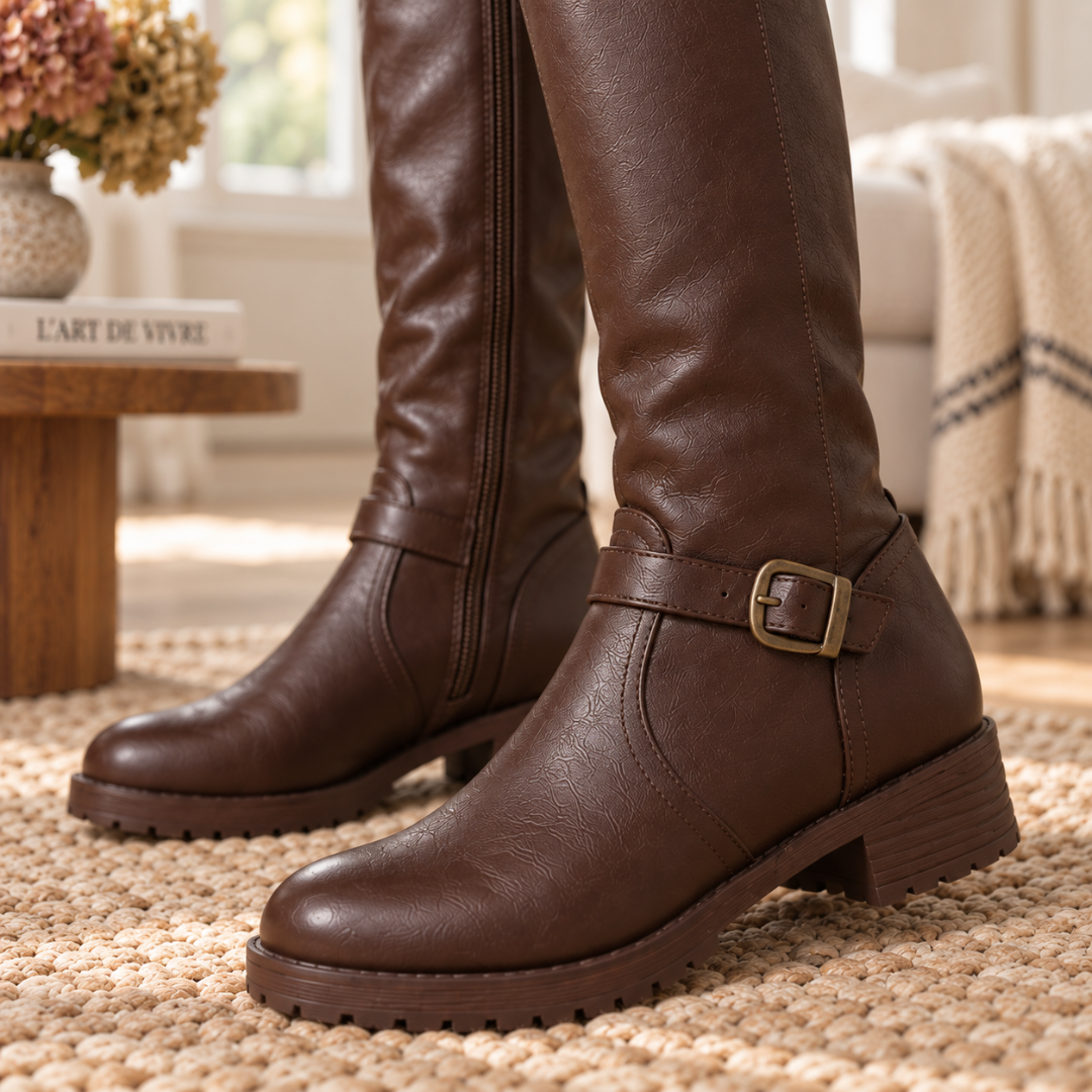 Gros plan sur la boucle métallique et le talon bloc des bottes marron foncé