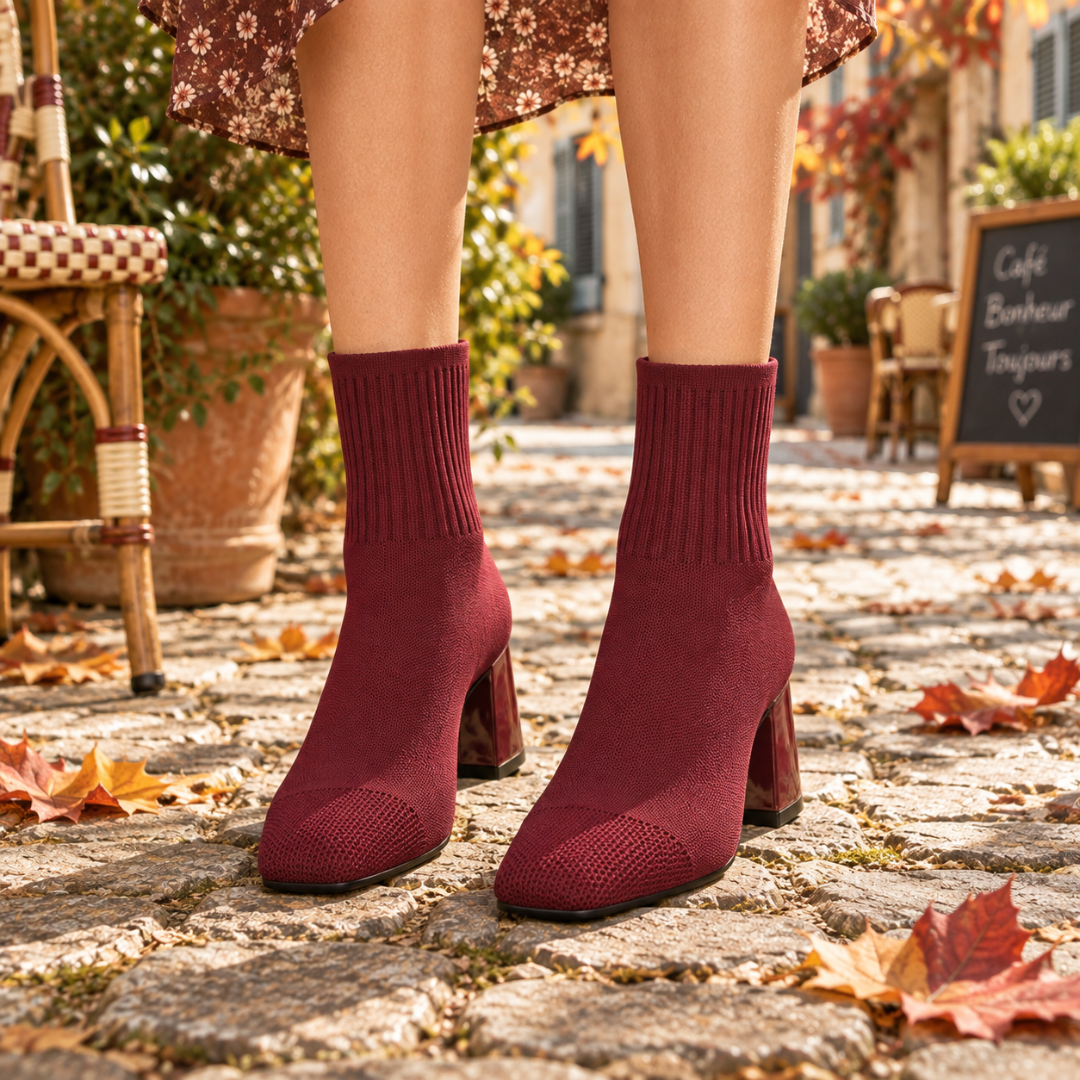 Bottines chaussettes bordeaux en maille côtelée portées sur pavés, bout carré contrasté