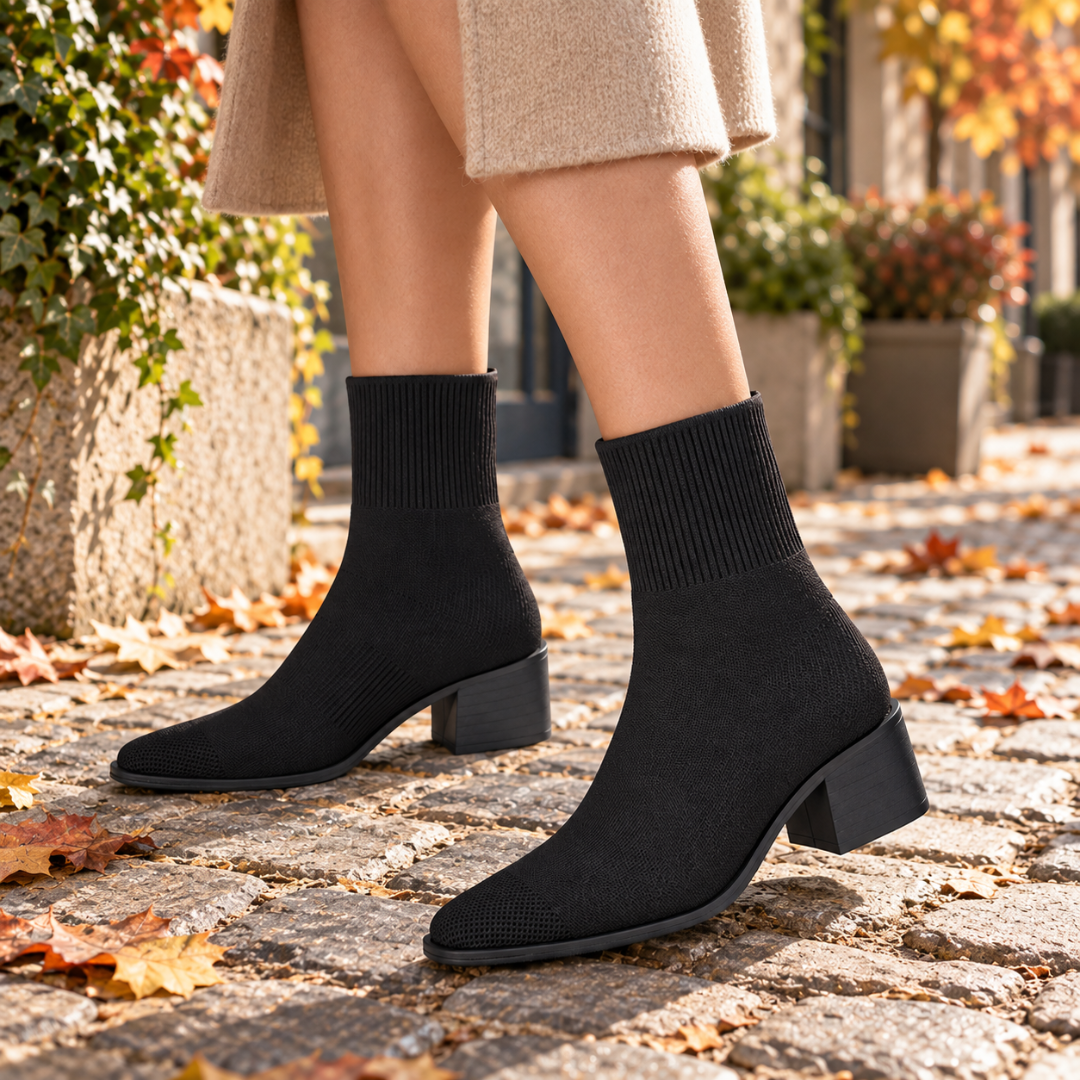 Bottines chaussettes noires en maille, talon bloc et semelle ton sur ton