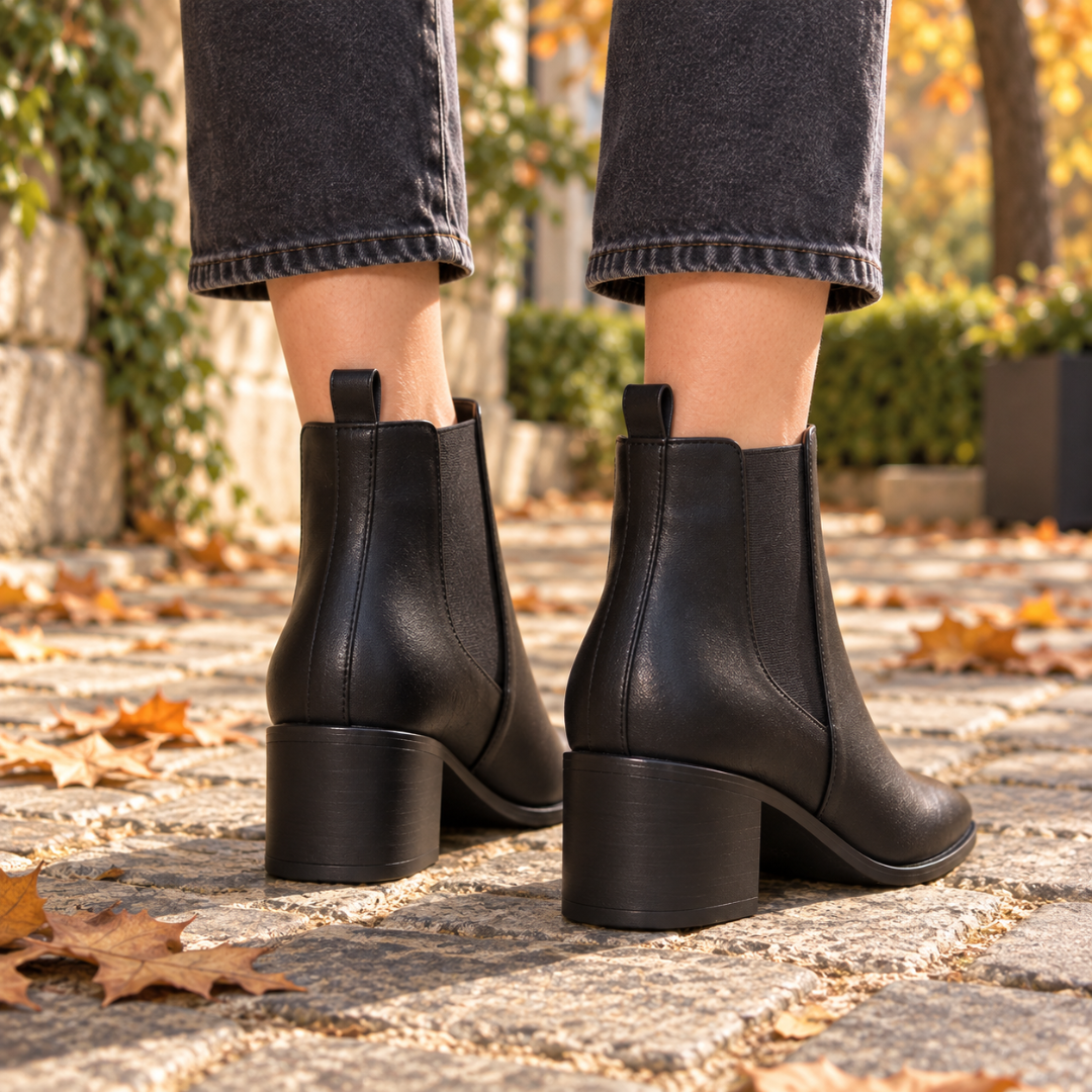 Vue arrière des bottines noires avec tirette au talon et talon carré