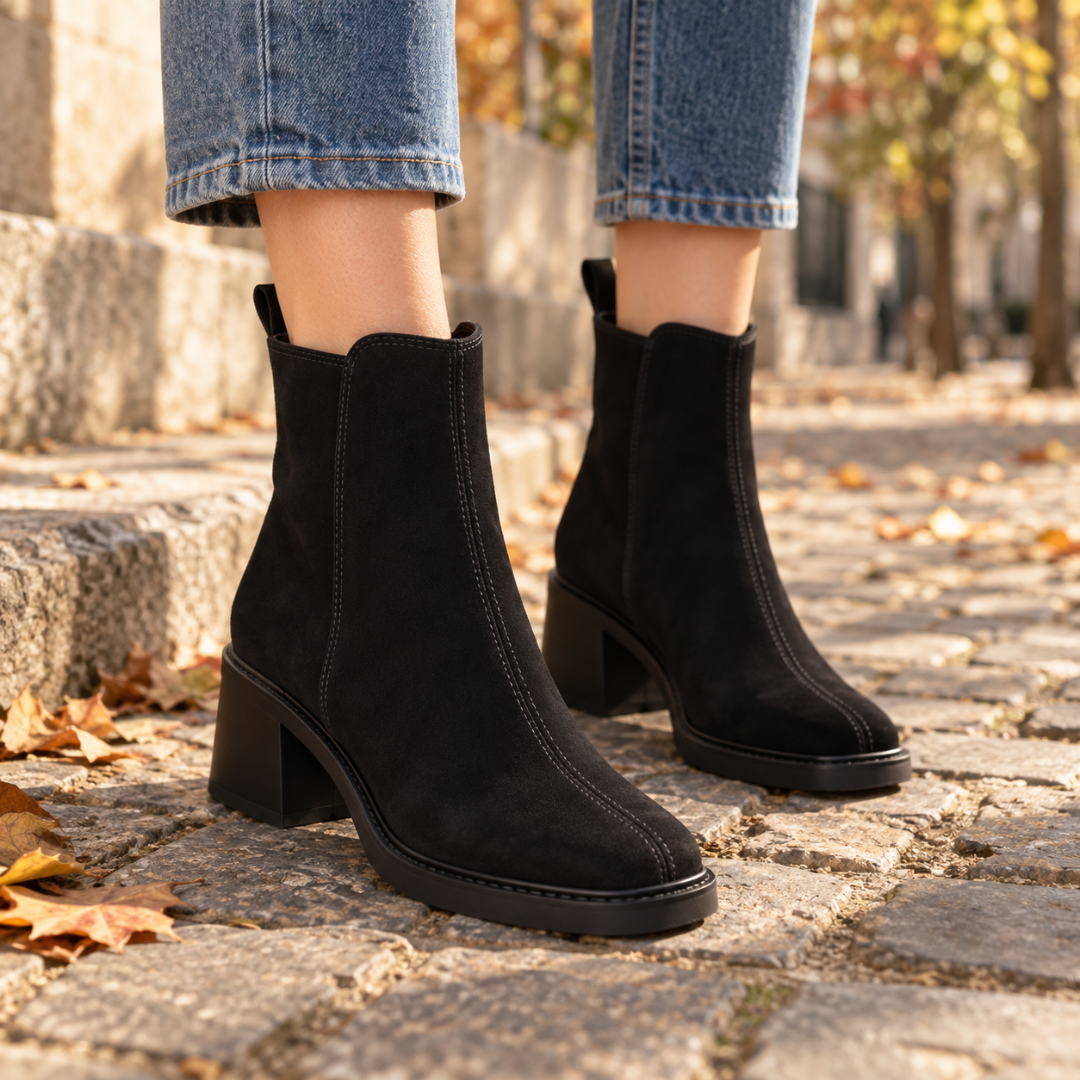 Bottines femme noires à talon bloc, coutures apparentes et bout carré