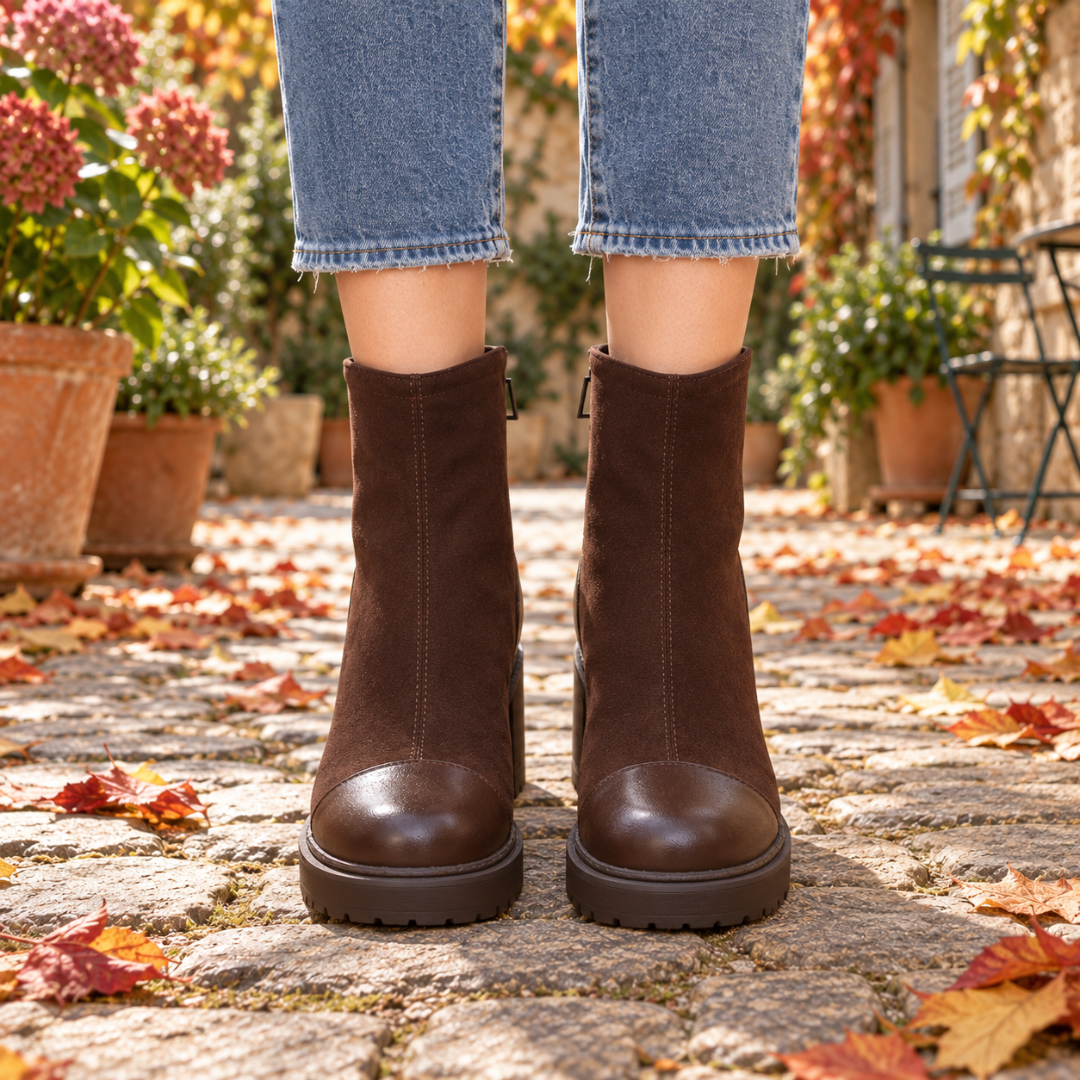 Bottines femme marron vues de face avec bout rapporté et semelle crantée