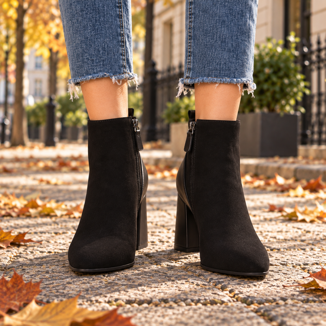 Bottines noires à talon carré vues de face avec zip sur le côté