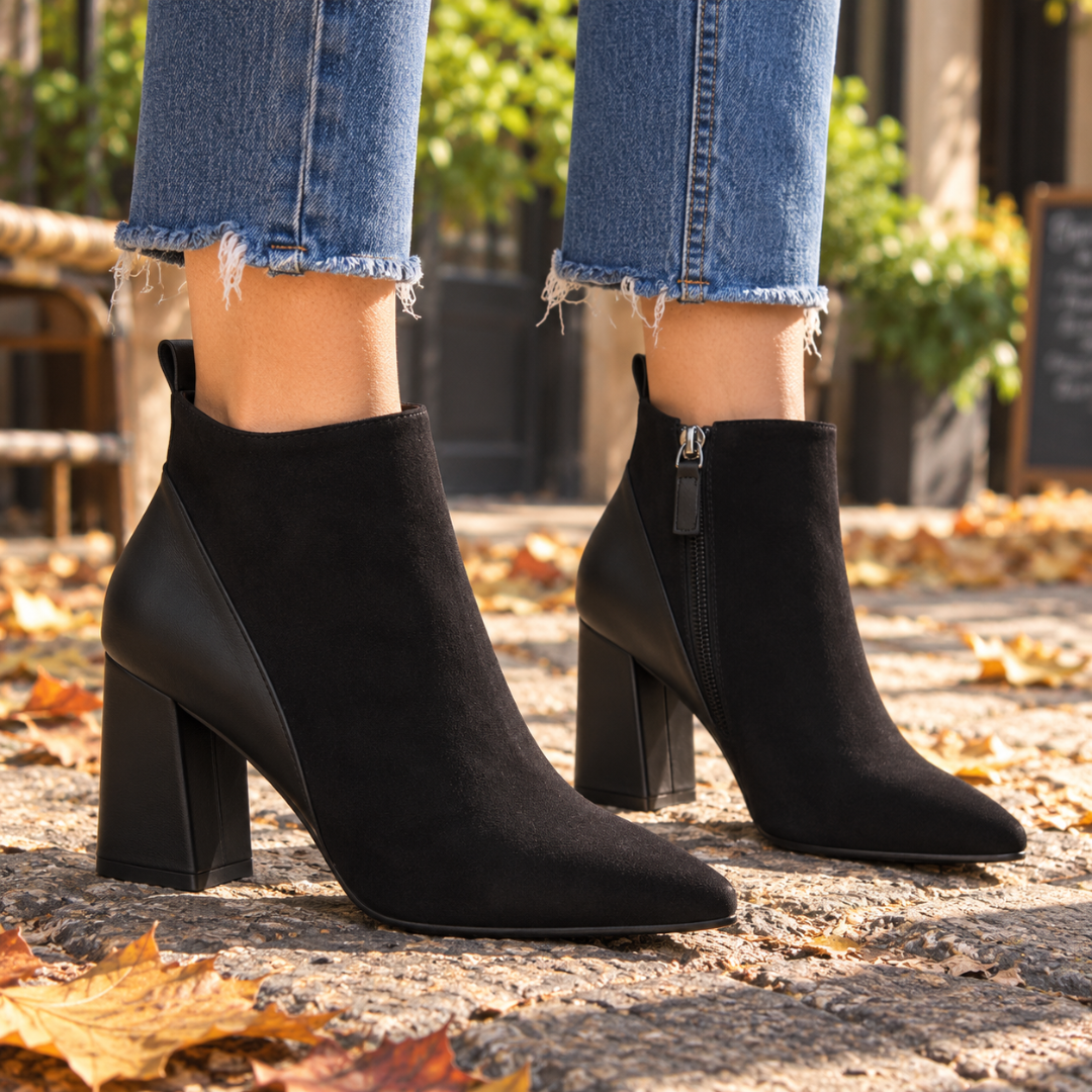 Bottines femme noires à bout pointu, zip latéral et talon carré contrasté