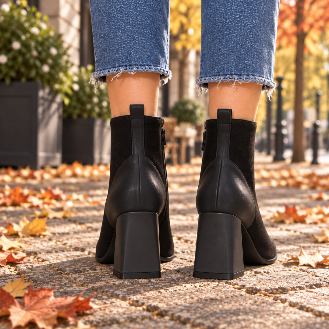 Bottines noires vues de dos, tirette au talon et talon carré large