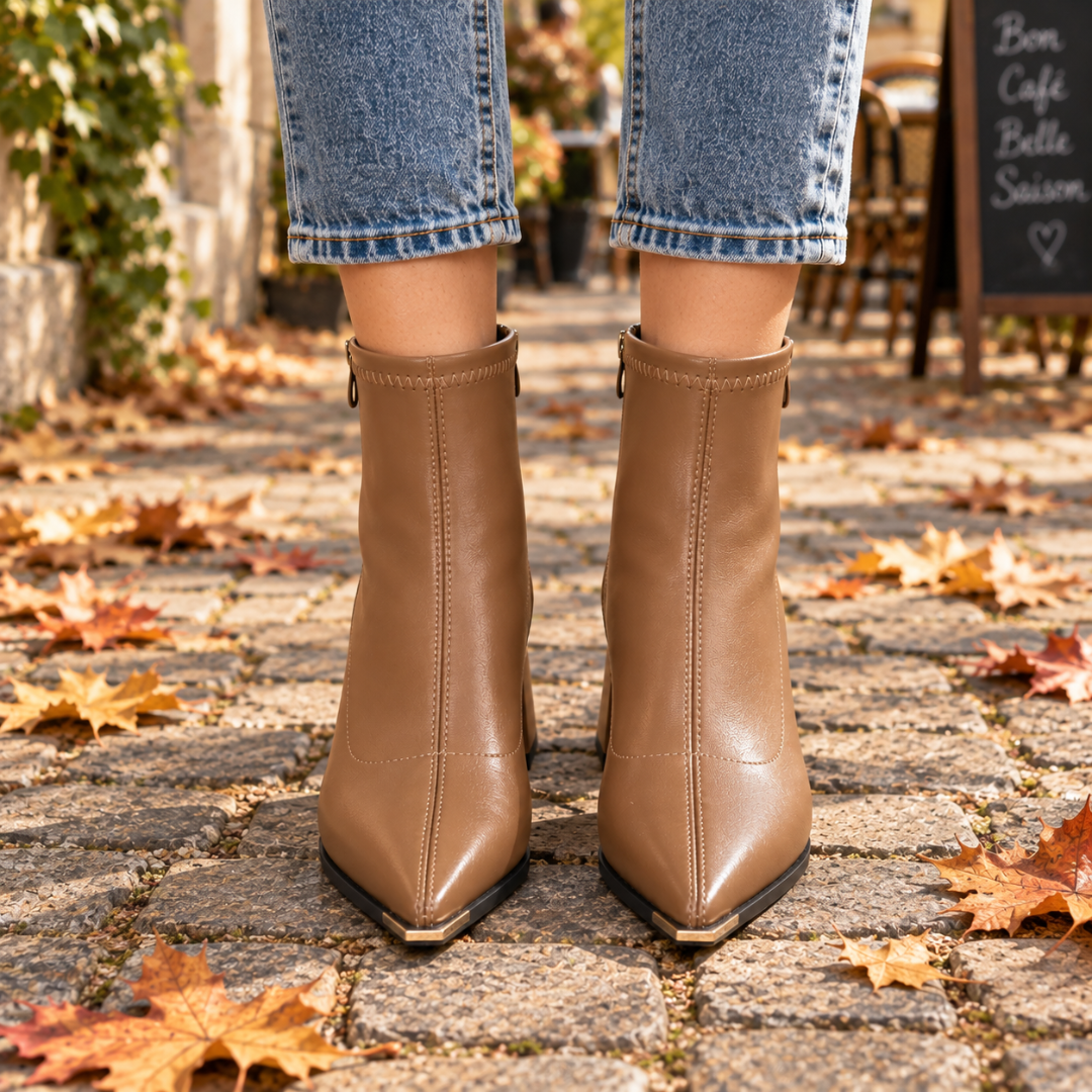 Bottines femme camel vues de face avec bout pointu et embout métallique