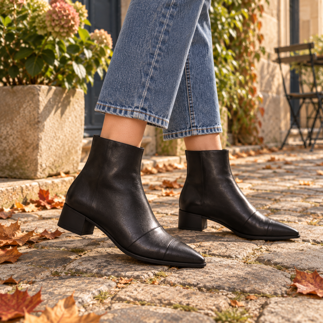 Bottines femme noires portées avec un pantalon clair, bout pointu allongé