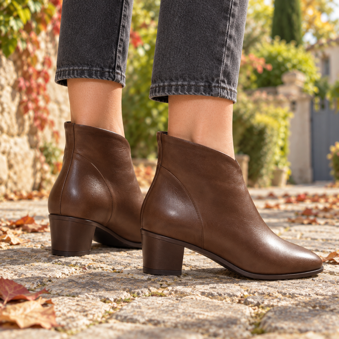 Bottines marron vues de trois quarts arrière avec surpiqûres latérales et talon bloc