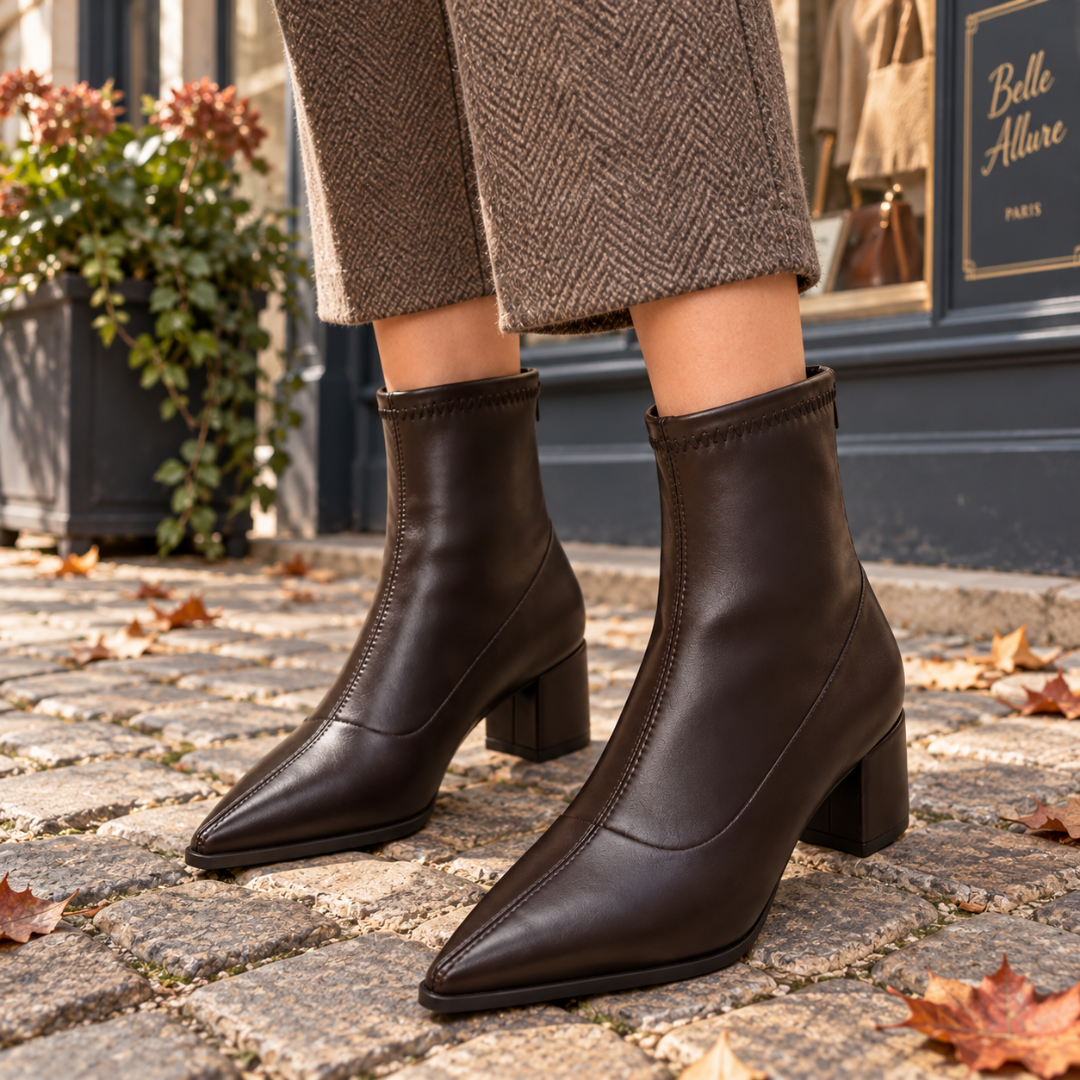 Bottines marron effet cuir avec surpiqûre zigzag au bord supérieur