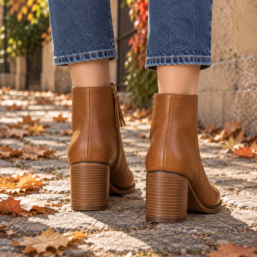 Bottines marron vues de dos, talon bloc strié et semelle ton bois