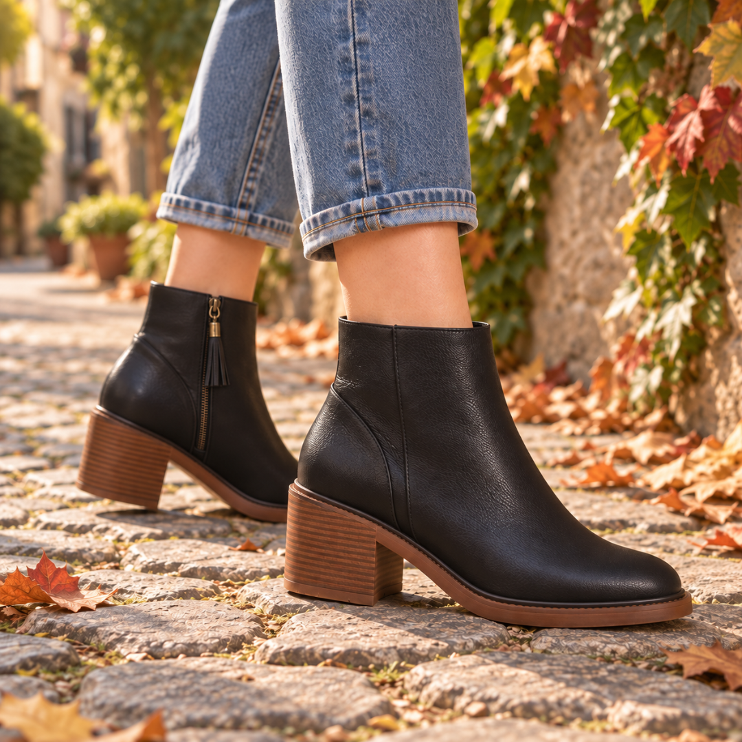 Bottines noires de profil, pampille sur le zip et talon bloc contrastant