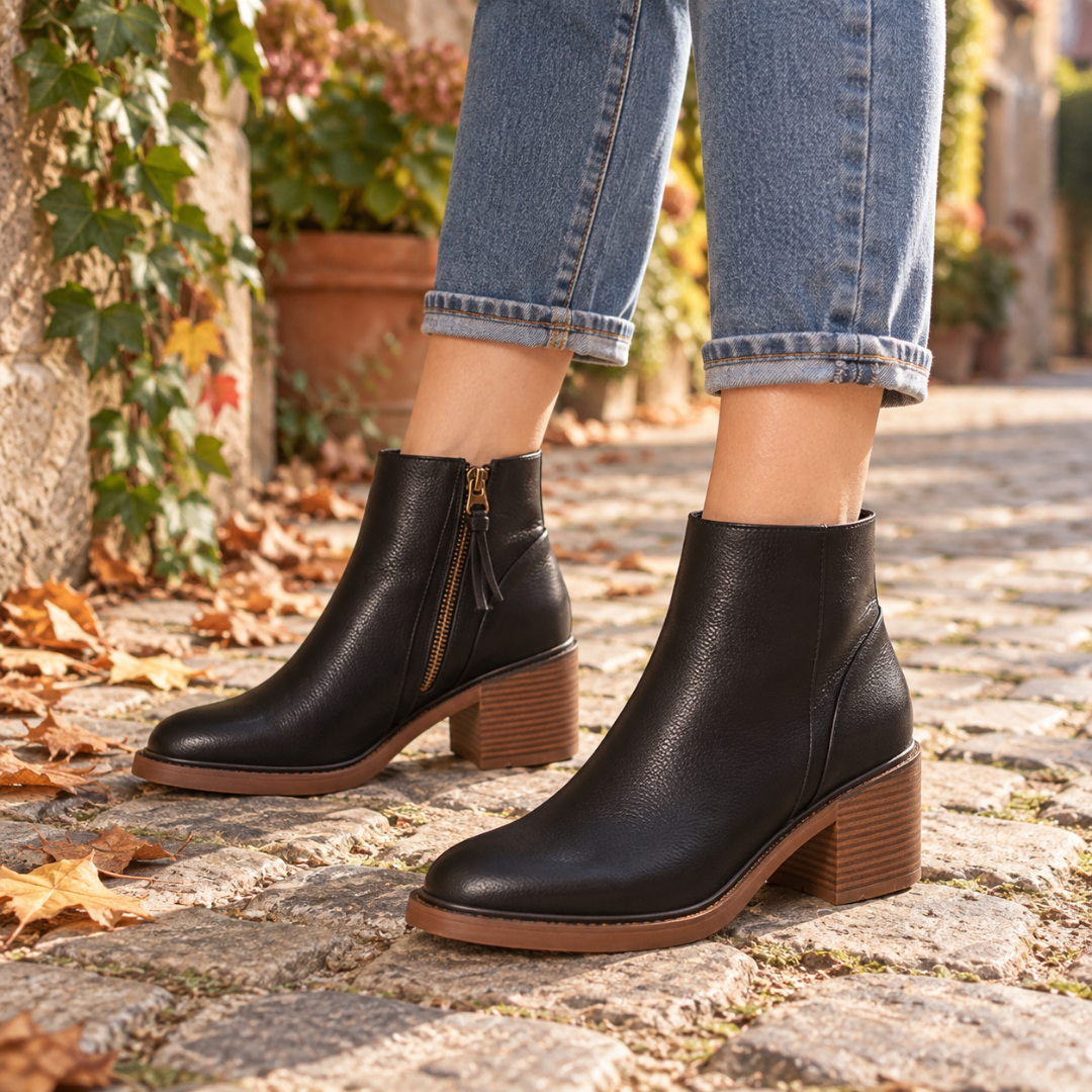 Bottines noires à bout rond et semelle contrastée, vue trois quarts