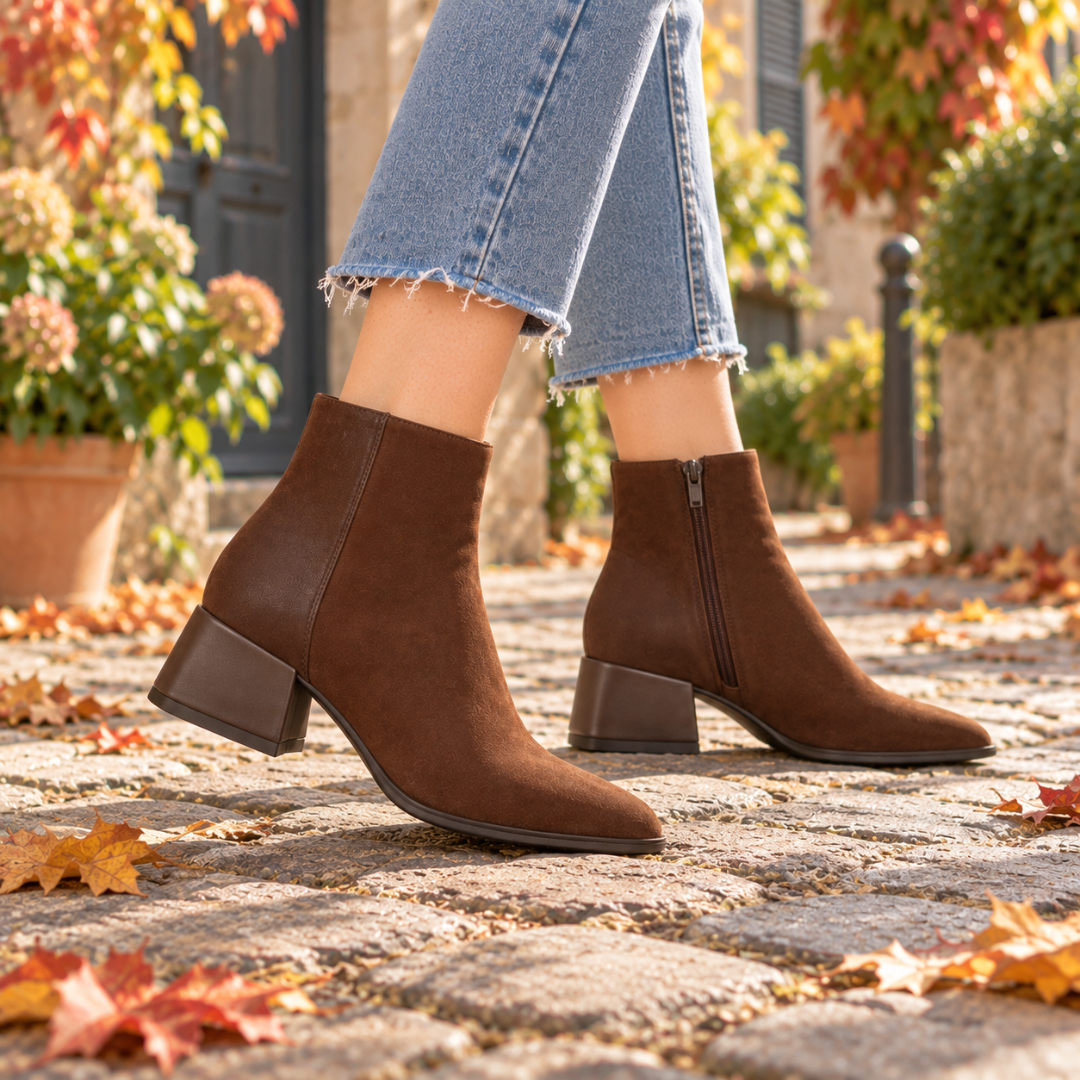 Bottines femme marron portées avec un pantalon court, talon carré et bout effilé