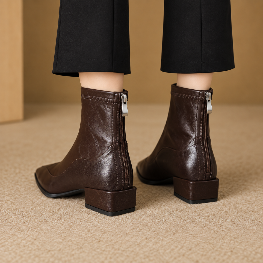 Arrière des bottines marron montrant la fermeture zippée et la tirette métallique argentée