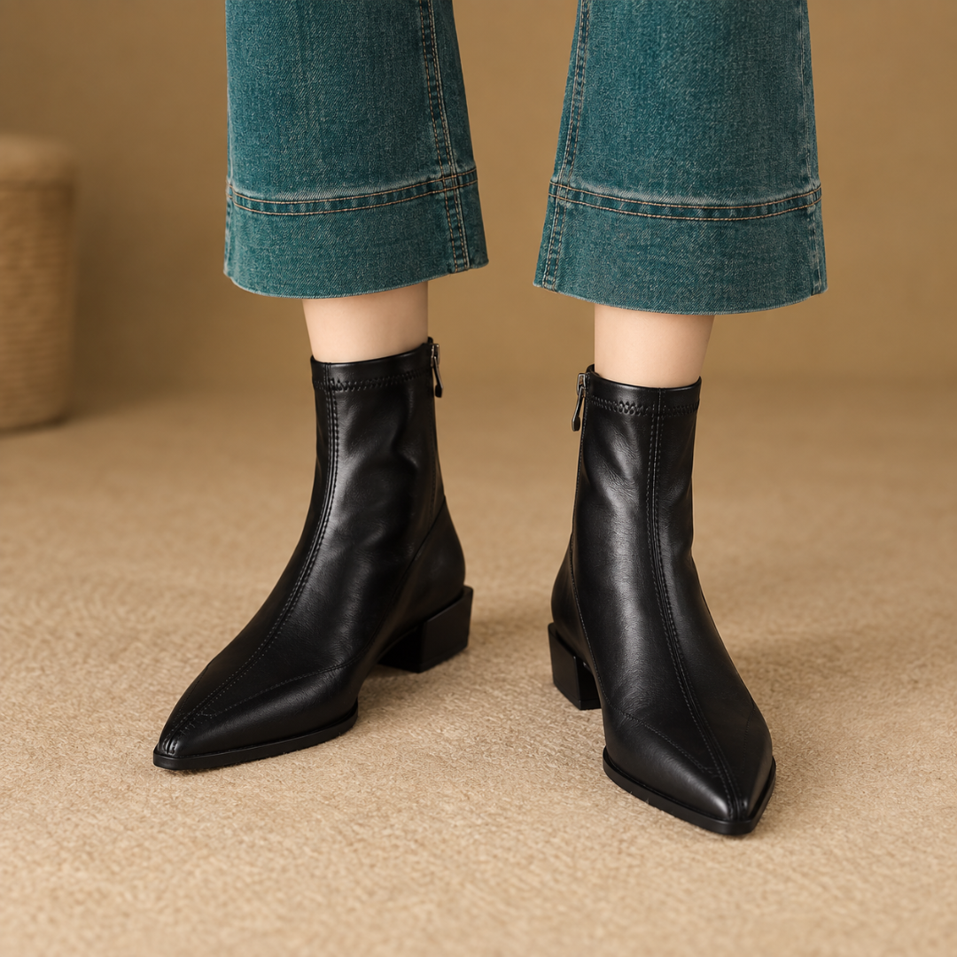 Bottines noires à talon carré portées avec un pantalon bleu large, vue de trois quarts