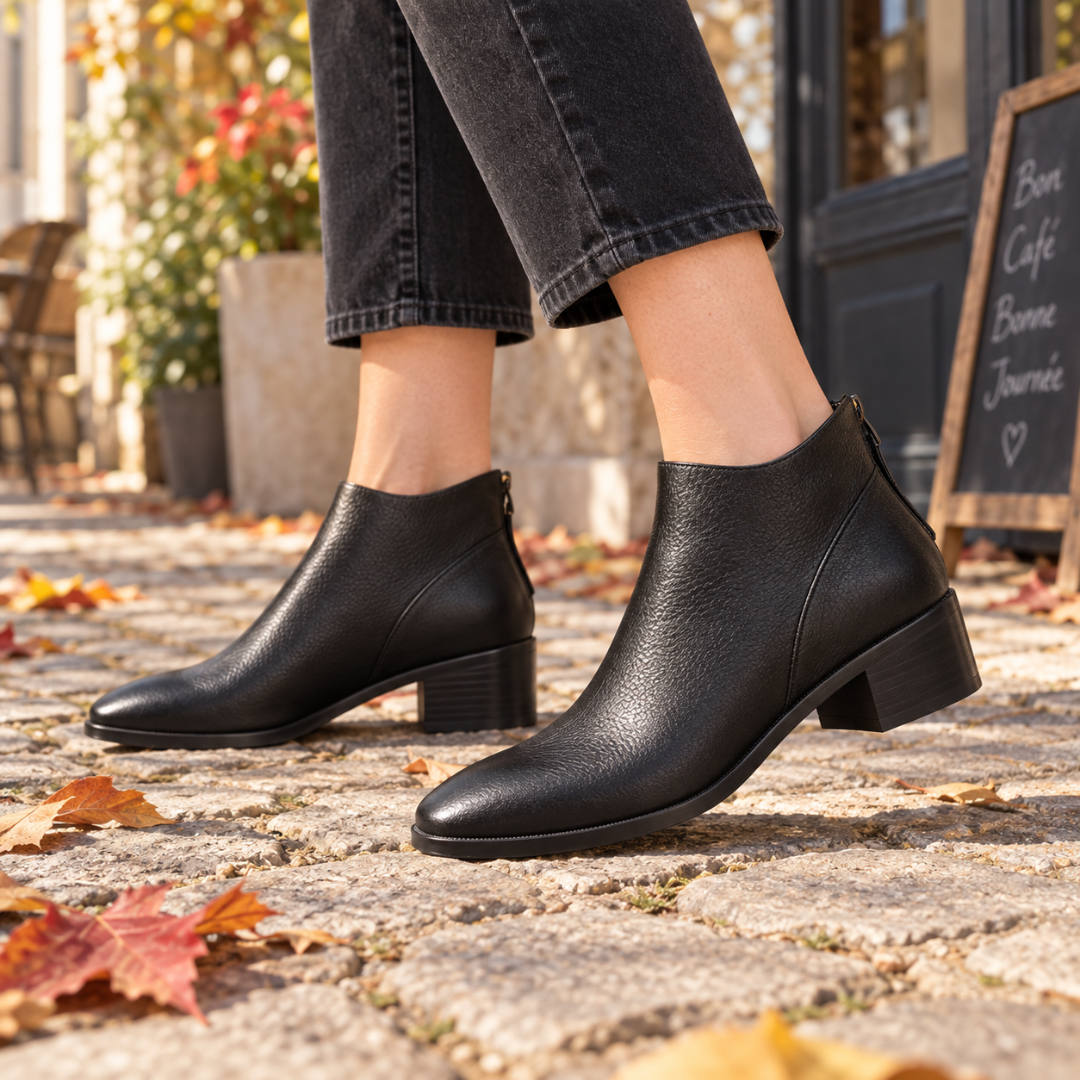 Bottines femme noires à effet cuir grainé, talon bloc et bout arrondi