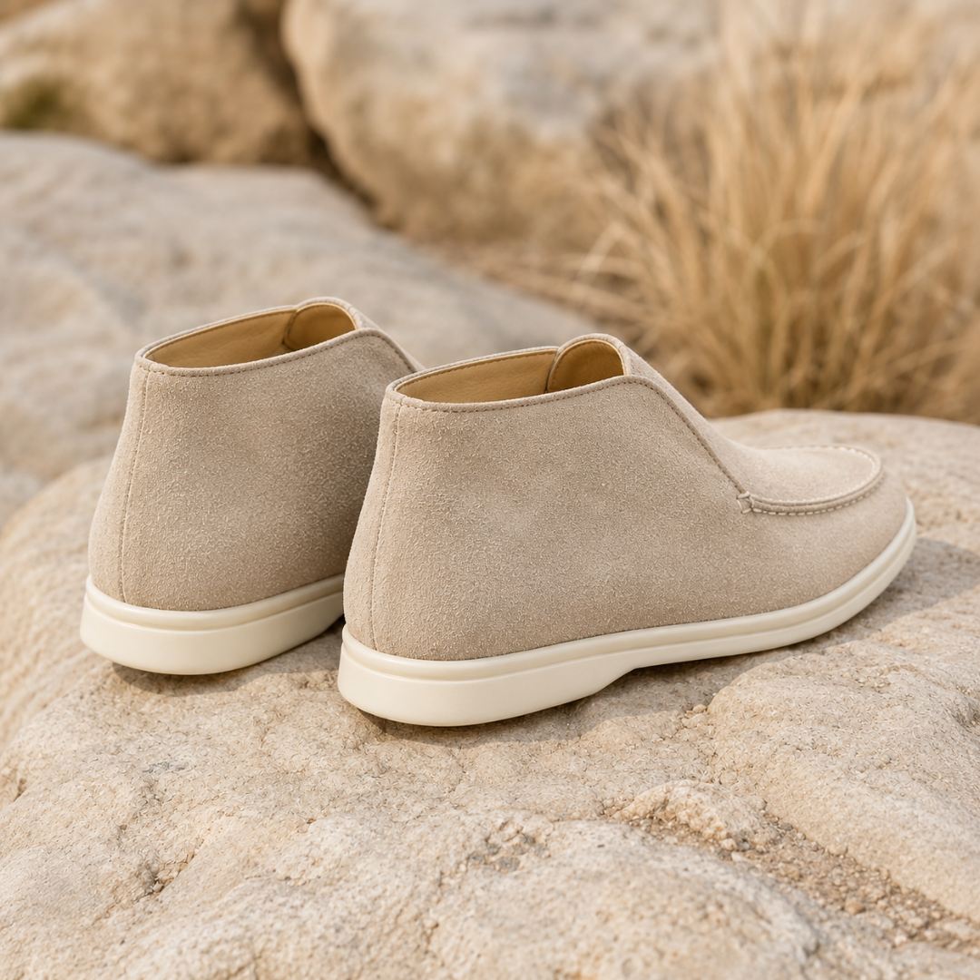 Bottines beiges vues de dos, arrière arrondi et semelle blanche contrastante